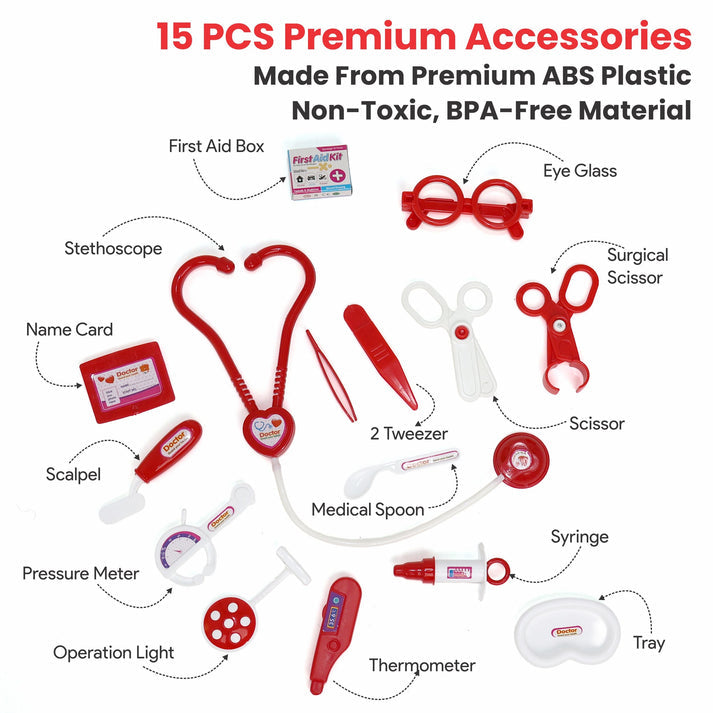 Open Little Doctor Set showing 12 toy medical instruments