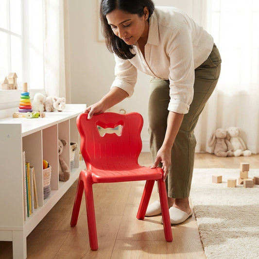 Decorative red kids chair crown shaped backrest stackable lightweight design
