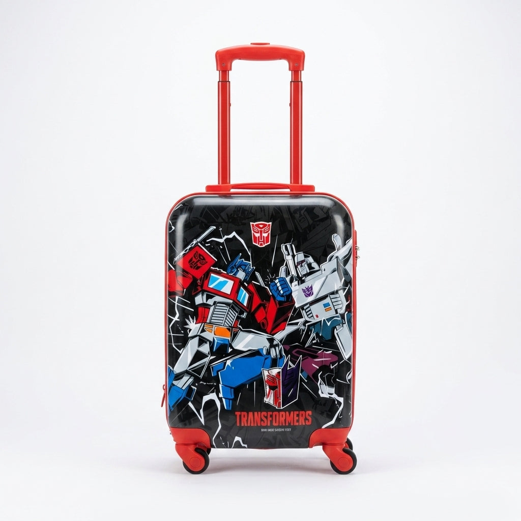 Kids hard shell trolley bag with Transformers character print and red spinner wheels, 18 inch, age 3 plus