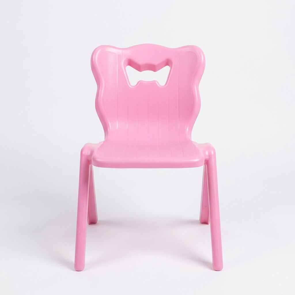 Pink kids plastic chair with butterfly back cutout for toddlers and young children