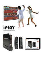 Two happy children actively playing a motion sports game on the Sameo i Play video game console in a living room