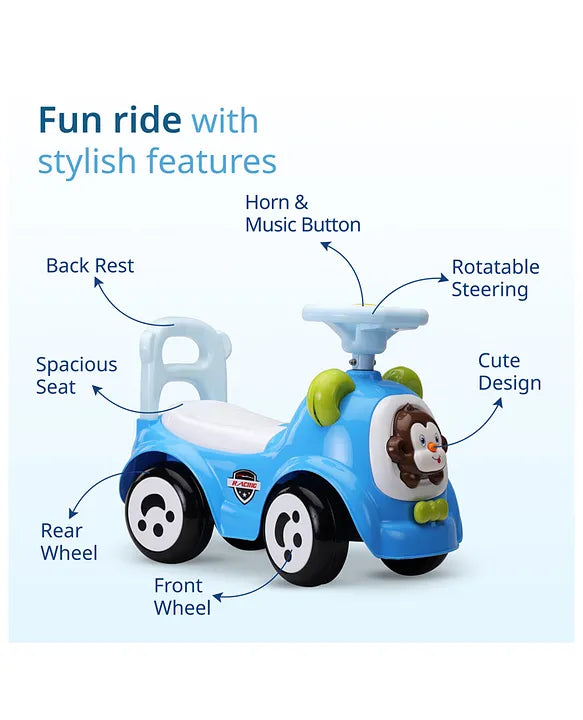 Kids ride on car featuring safety guard, backrest, and under-seat storage.