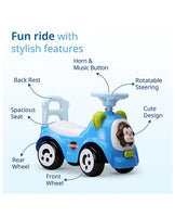 Kids ride on car featuring safety guard, backrest, and under-seat storage.