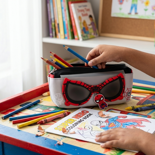 Spider-Man eye mask pencil pouch grey red front view for kids