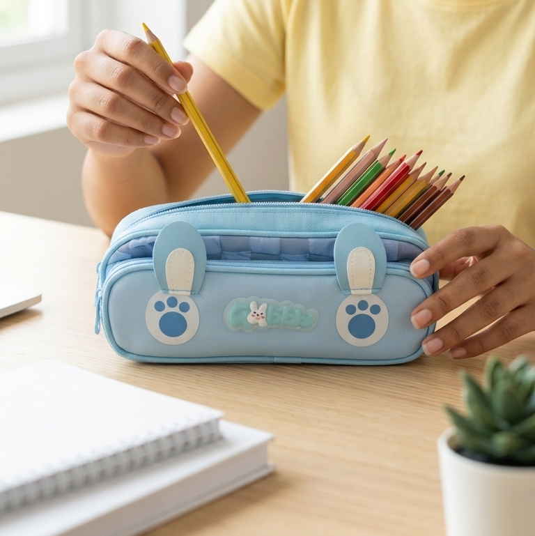 Aesthetic blue zipper pencil pouch for girls stationery organizer