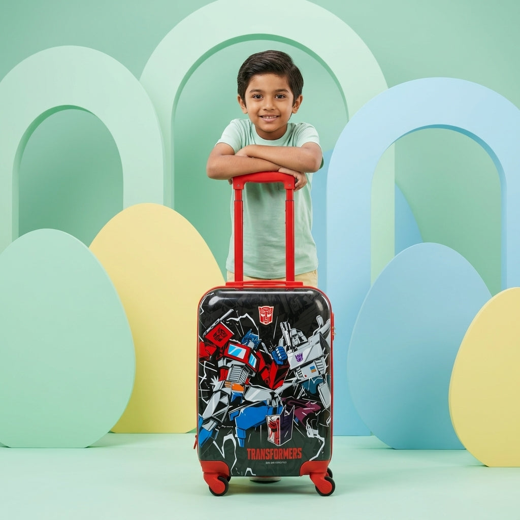 18 inch kids spinner luggage bag with telescoping trolley handle extended, studio white background