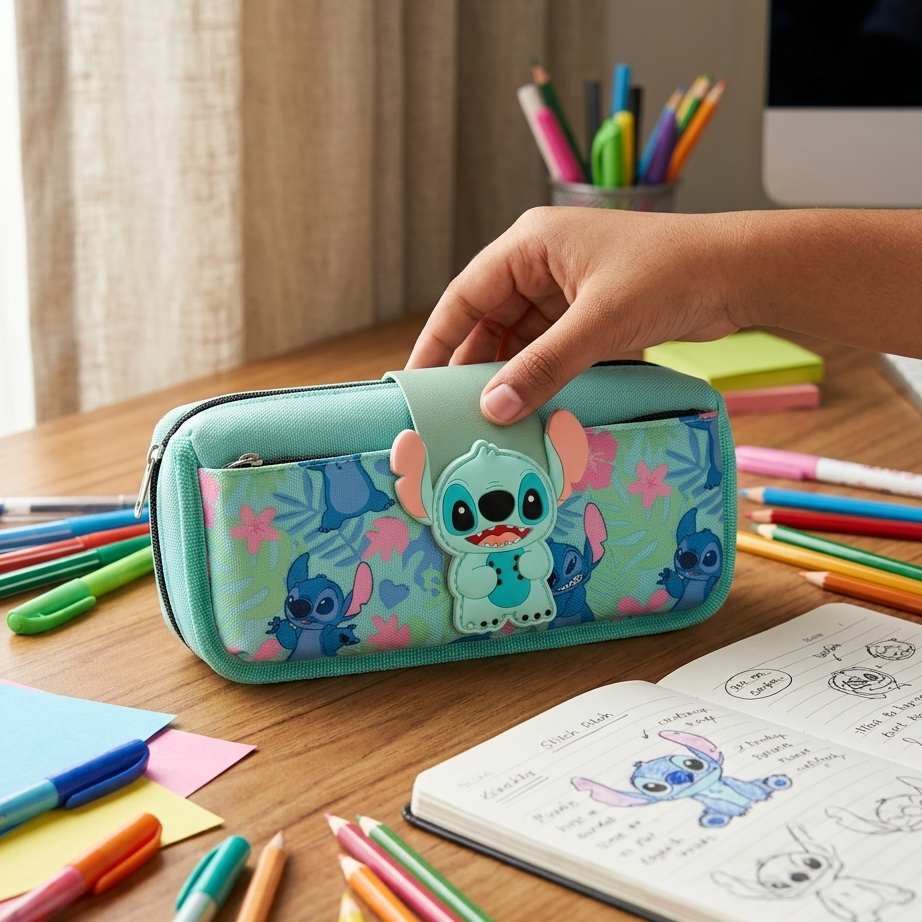 Pencil case with cartoon character on a desk with stationery items