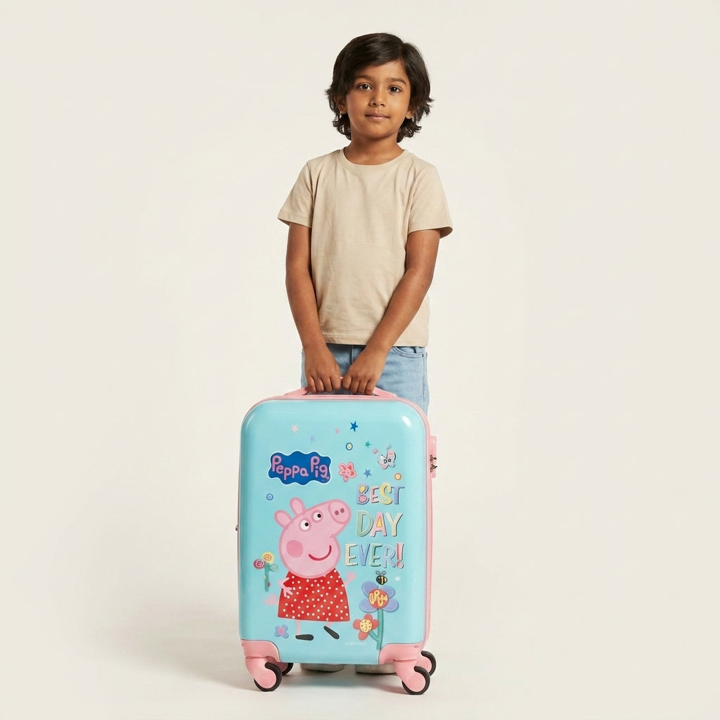 Girls spinner luggage bag 36 litre hard shell, pink corner guards and dual pull zipper, studio shot