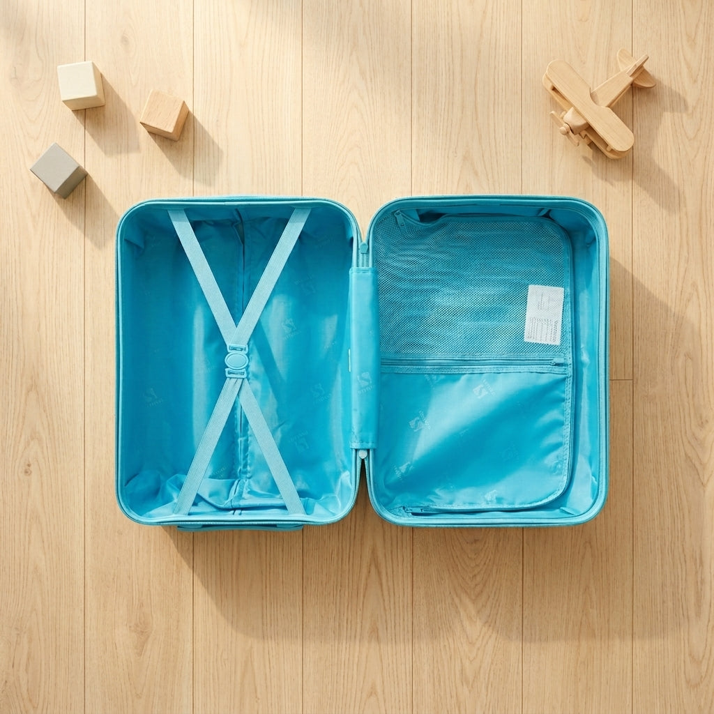 Kids trolley bag with dual spinner wheels and retractable teal handle for easy child travel