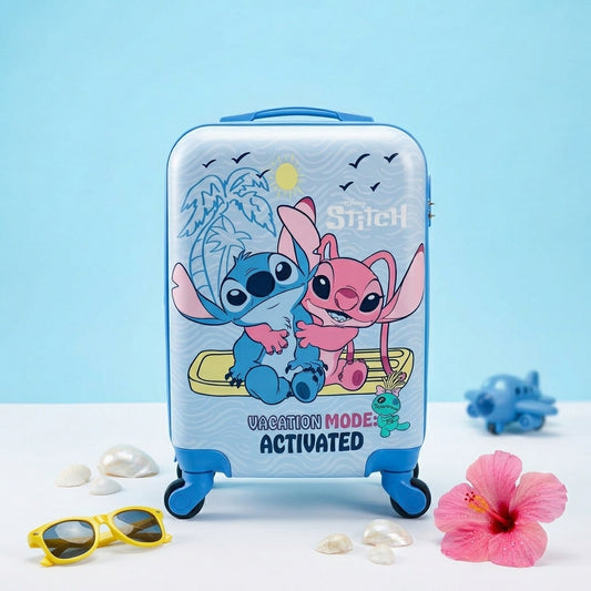 18-inch blue hard shell kids trolley bag with cartoon character print and spinner wheels