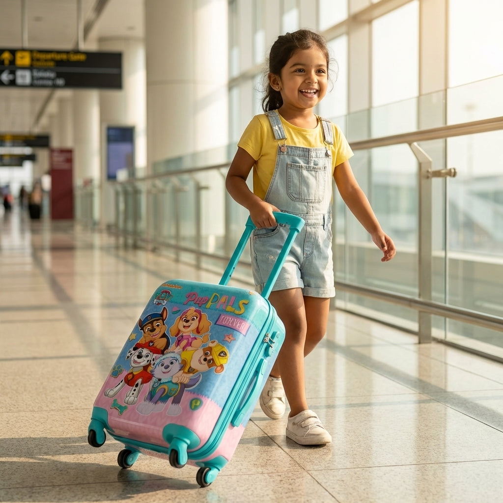 Interior view of kids hard shell trolley bag showing blue lining cross packing straps and zippered inner pocket