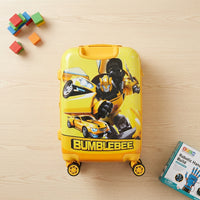 Interior view of children's hard shell trolley bag showing zippered mesh pocket and cross packing straps