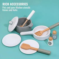 Kids wooden cooking playset with utensils, storage shelves, and mini oven