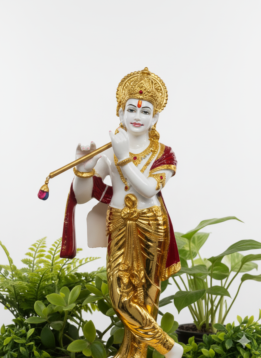 Golden Polystone Lord Krishna Idol with Flute – Hindu God Showpiece for Home Decor