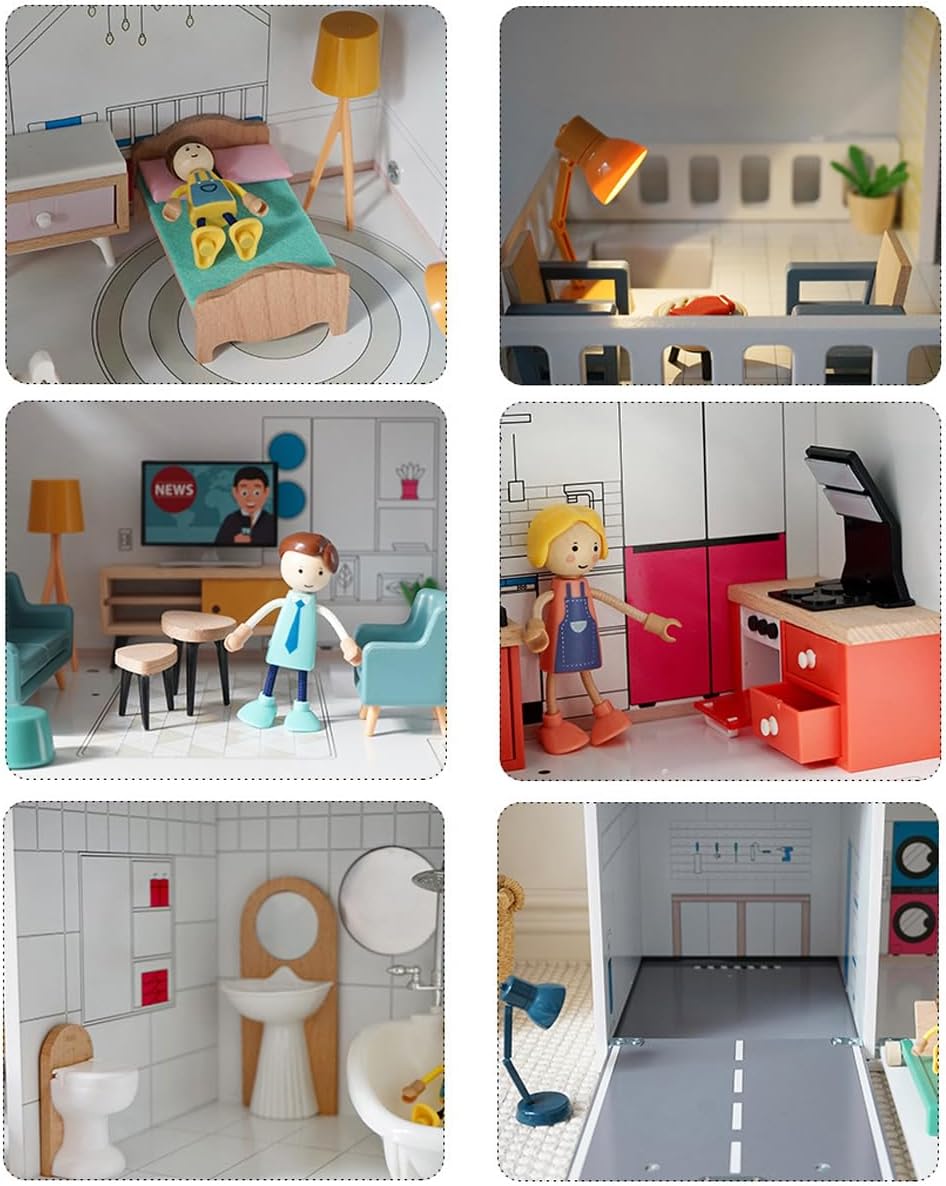 Wooden dollhouse bedroom and nursery with crib, rocking horse, and modern decor”