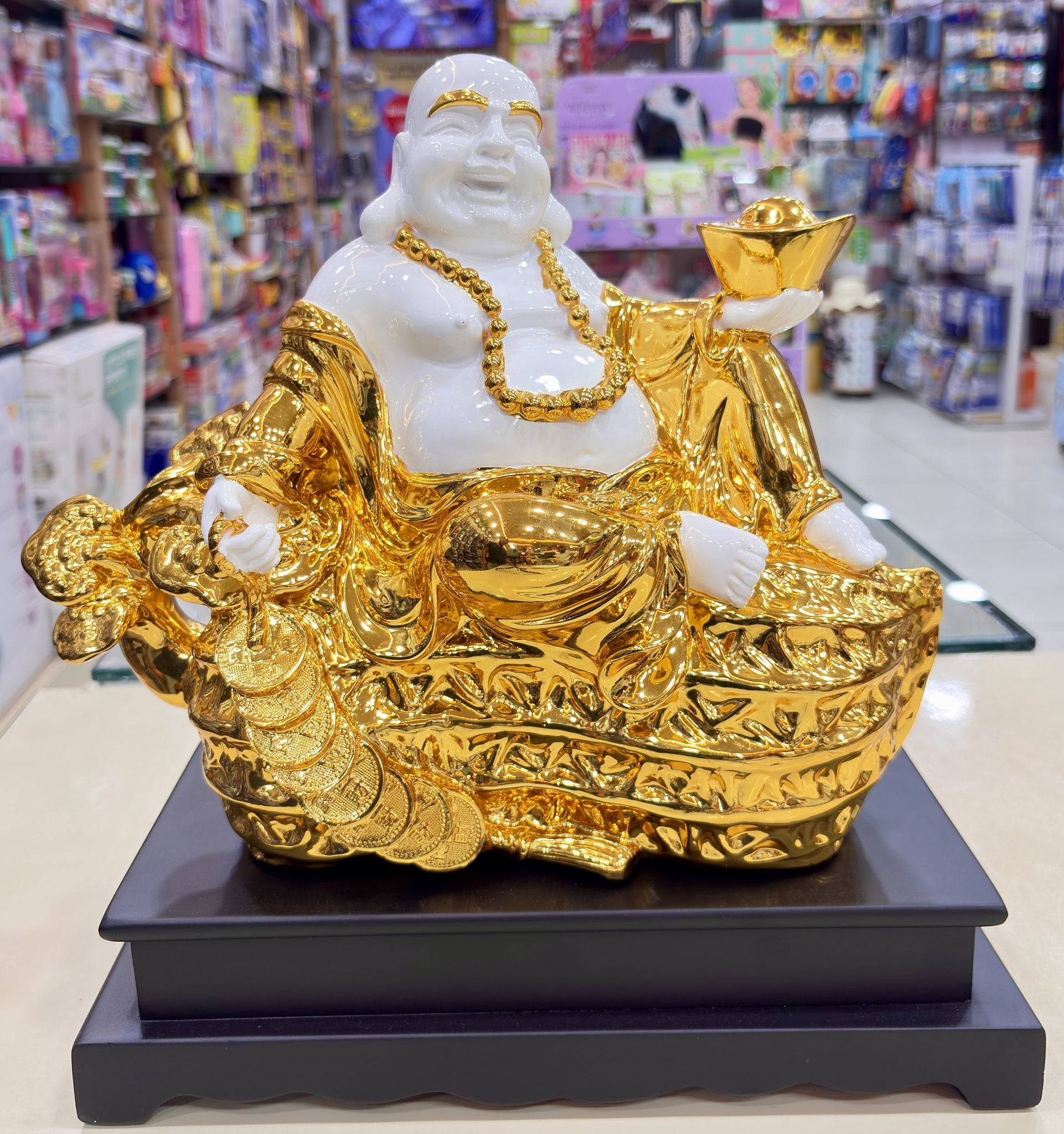 Laughing Buddha Statue – 13.5” White & Gold Idol