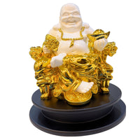 Front view of Premium Golden Laughing Buddha Statue made of high-quality resin with glossy gold finish, symbol of prosperity and happiness for home décor.
