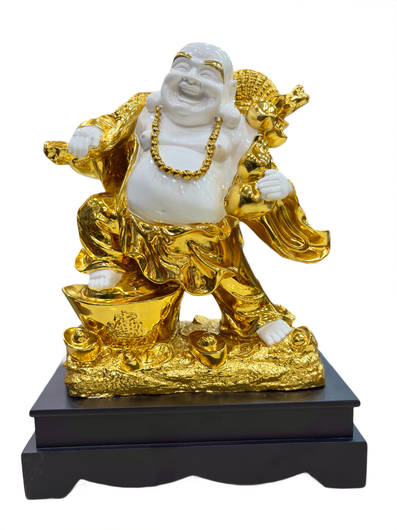 "Handcrafted Laughing Buddha Statue in White and Gold with Wooden Base – 15.5 Inch Spiritual Decor and Prosperity Figurine for Home Decor, House Warming Gift, Gift item.