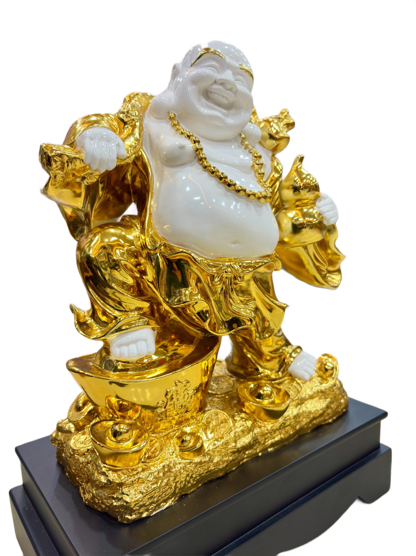 Handcrafted Laughing Buddha Statue in White and Gold with Wooden Base – 15.5 Inch Spiritual Decor and Prosperity Figurine for Home Decor, House Warming Gift, Gift item