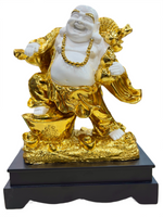 "Handcrafted Laughing Buddha Statue in White and Gold with Wooden Base – 15.5 Inch Spiritual Decor and Prosperity Figurine for Home Decor, House Warming Gift, Gift item.