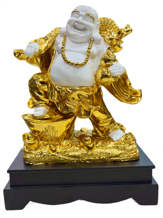 "Handcrafted Laughing Buddha Statue in White and Gold with Wooden Base – 15.5 Inch Spiritual Decor and Prosperity Figurine for Home Decor, House Warming Gift, Gift item.