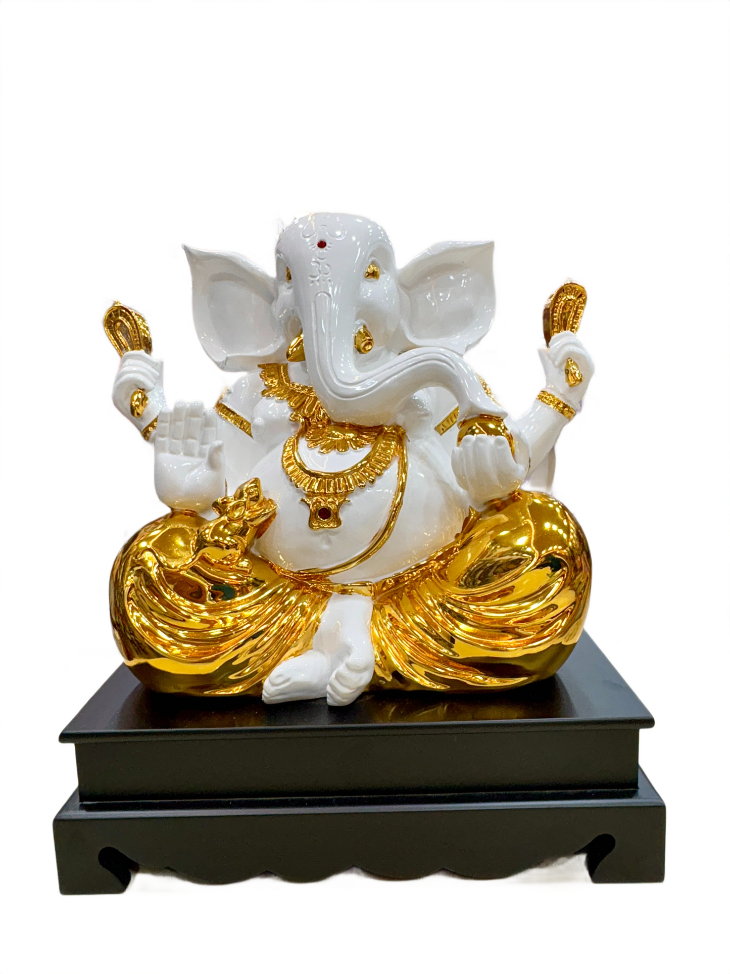 Golden Polystone Sitting Ganesha Idol – Hindu God Statue for Home Mandir & Spiritual Gift