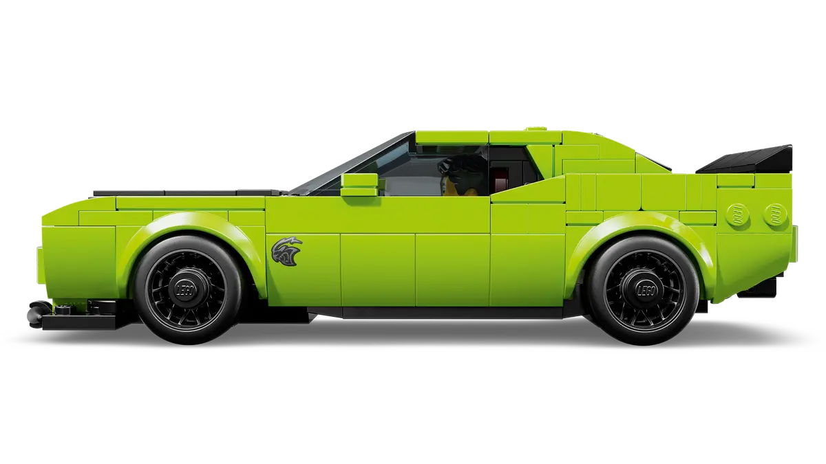 Side view of LEGO Dodge Challenger SRT Hellcat sports car