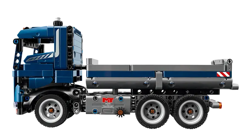 Side view of LEGO Technic Tipping Dump Truck construction toy