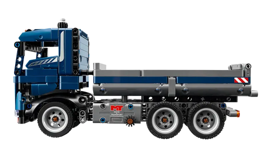 Side view of LEGO Technic Tipping Dump Truck construction toy
