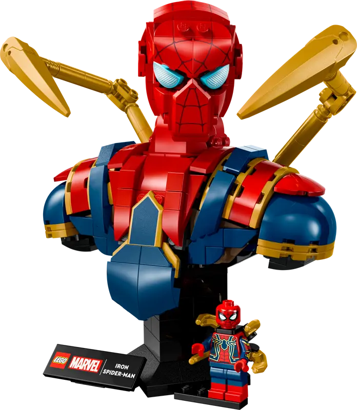 Display view of LEGO Iron Spider-Man Bust with golden arms