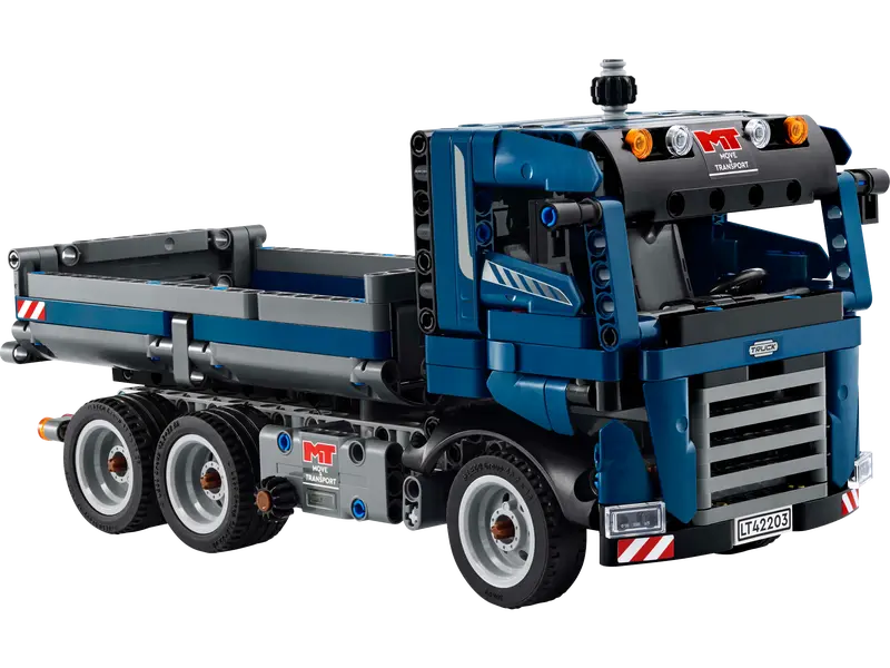 LEGO Technic dump truck tipping bed feature in action