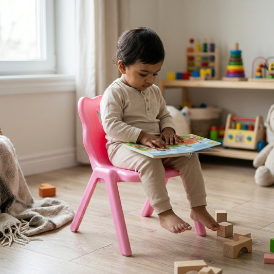 Ergonomic toddler chair with wide stable legs and smooth finish in pink
