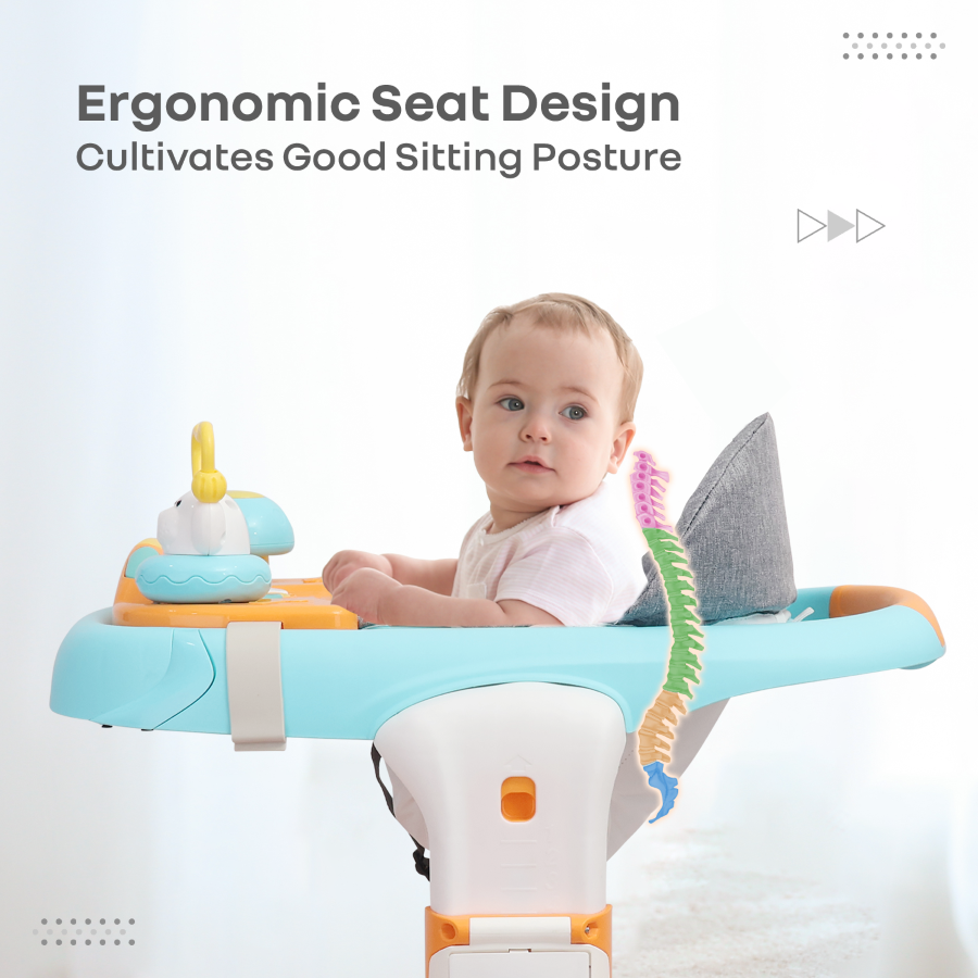 Seated baby walker mode with comfortable seat and tray