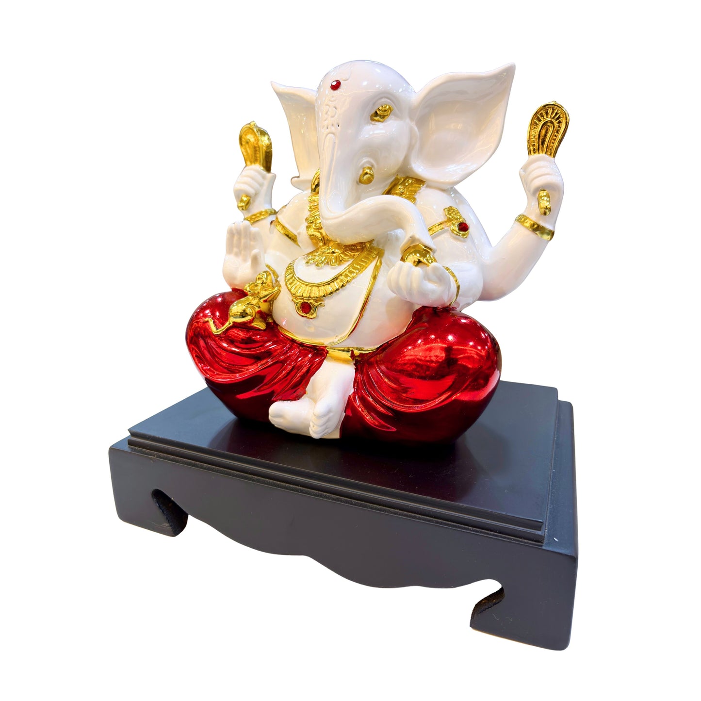 Left side view of Lord Ganesha Idol – Elegant White & Red Resin Ganpati Statue (19.3 cm Height, 19 cm Length, 13.4 cm Width) with Gold Accents
