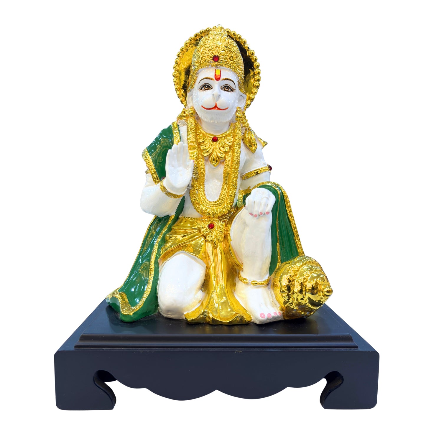 “Golden and white Lord Hanuman idol made of high-quality resin – perfect for home temple, pooja room, and spiritual décor.”