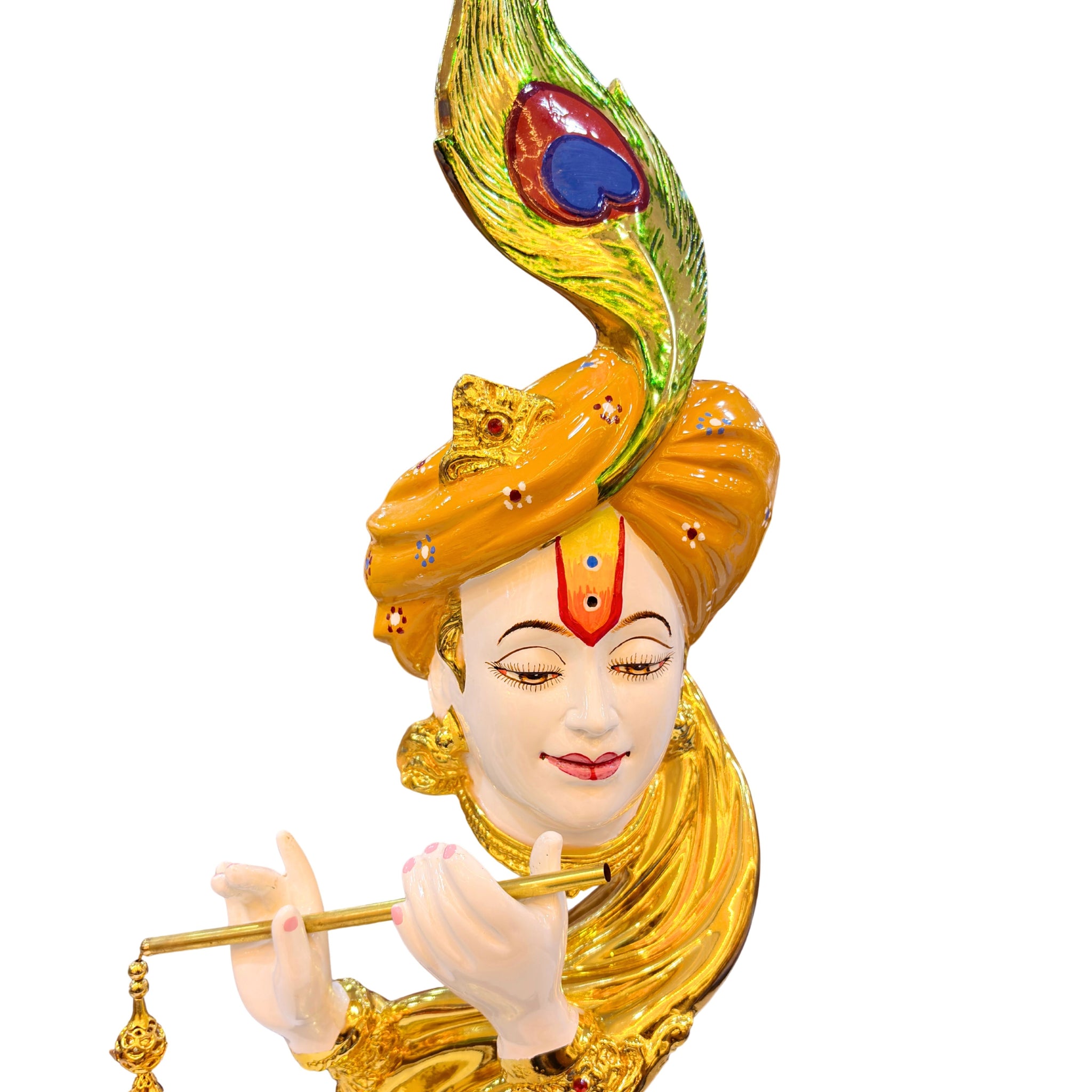 Close-up of Lord Krishna’s face and flute with golden detailing and peacock feather accent.