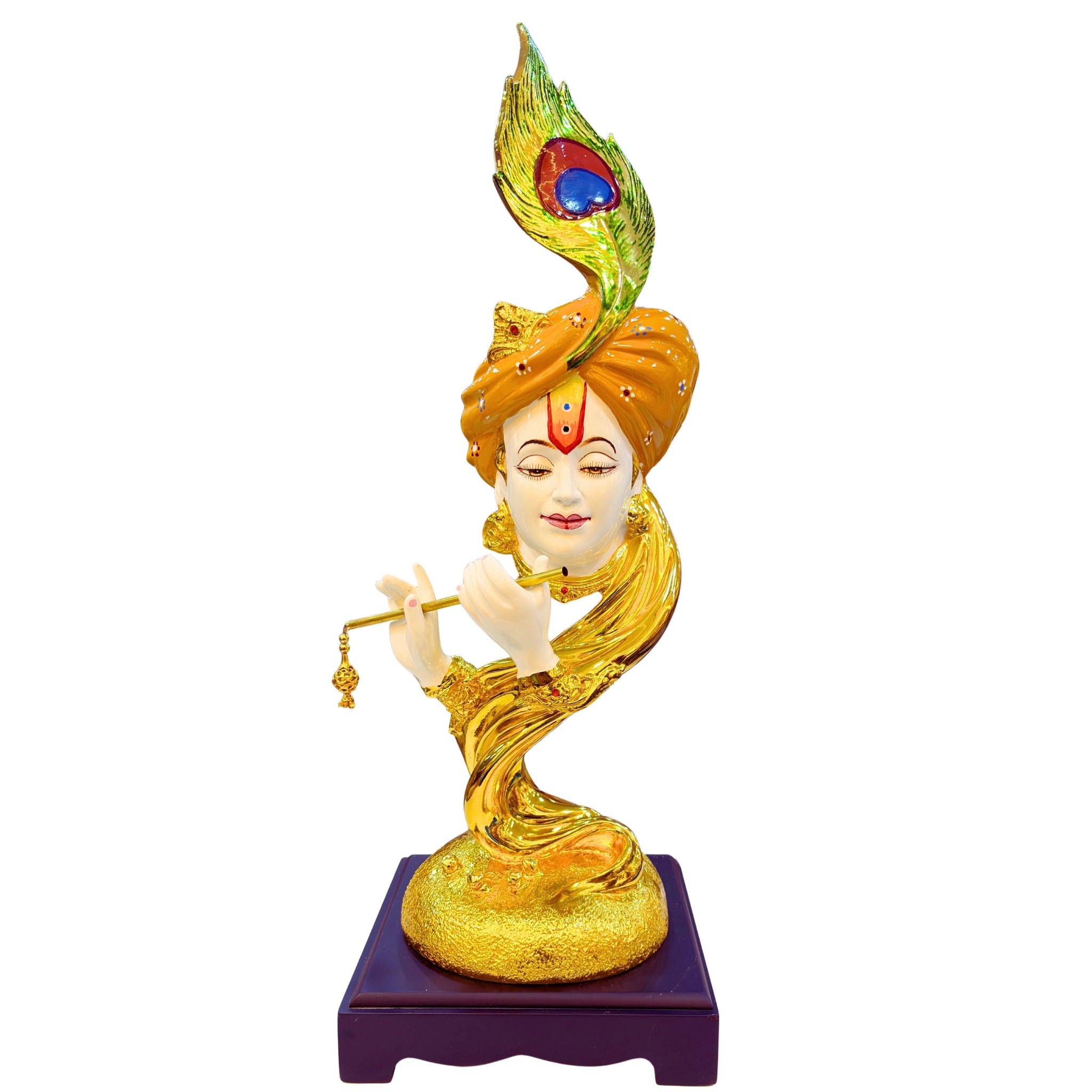 Front view of golden and white Lord Krishna flute idol – handcrafted resin statue for home décor.