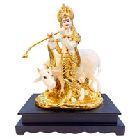 Handcrafted Lord Krishna Idol with Cow – Gold Finish Resin Statue of Krishna Playing Flute for Home Temple & Décor (35.8 cm)