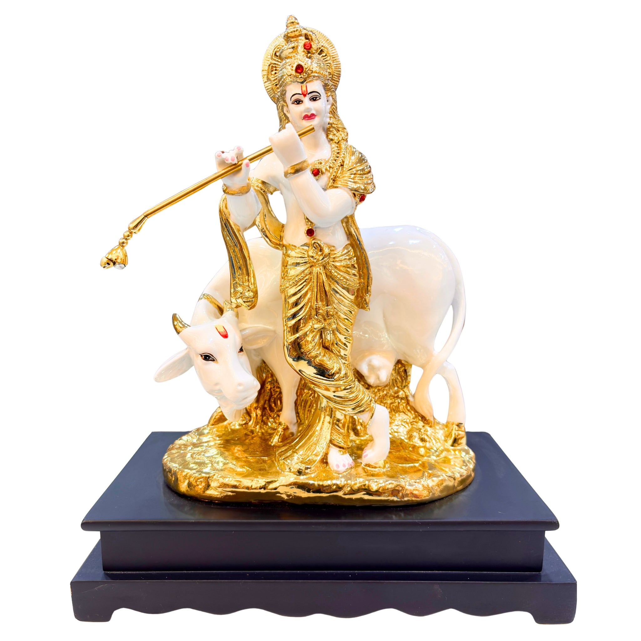 Handcrafted Lord Krishna Idol with Cow – Gold Finish Resin Statue of Krishna Playing Flute for Home Temple & Décor (35.8 cm)