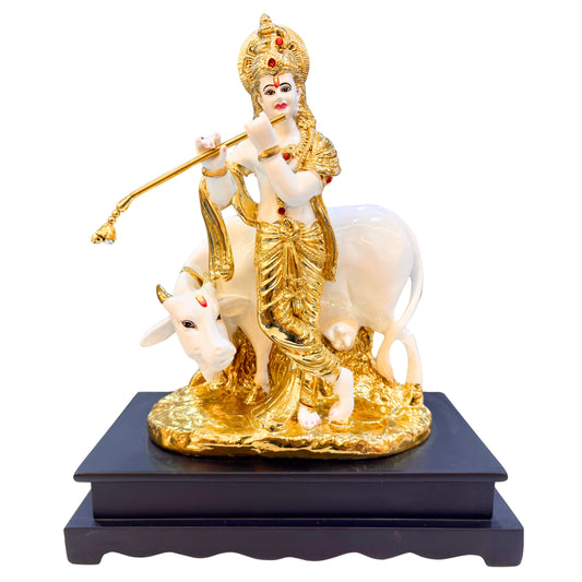 Handcrafted Lord Krishna Idol with Cow – Gold Finish Resin Statue of Krishna Playing Flute for Home Temple & Décor (35.8 cm)