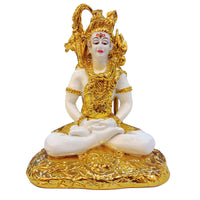 Golden and white Lord Shiva resin idol in meditation pose – handcrafted Hindu god statue for home temple décor.