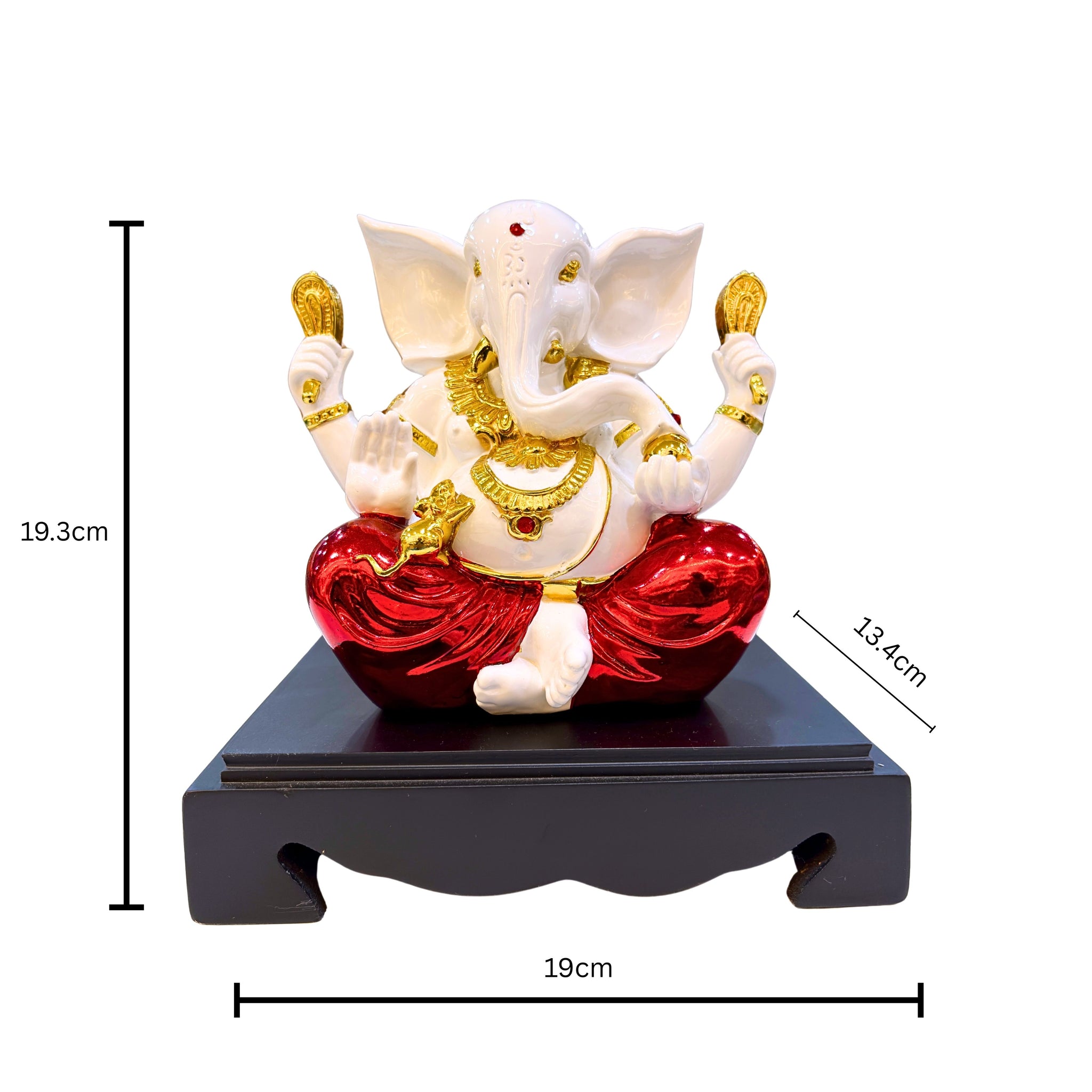 Lord Ganesha Idol with full dimensions – 19.3 cm Height, 19 cm Length, 13.4 cm Width – White and Red Resin Ganpati Statue for Prosperity & Blessings