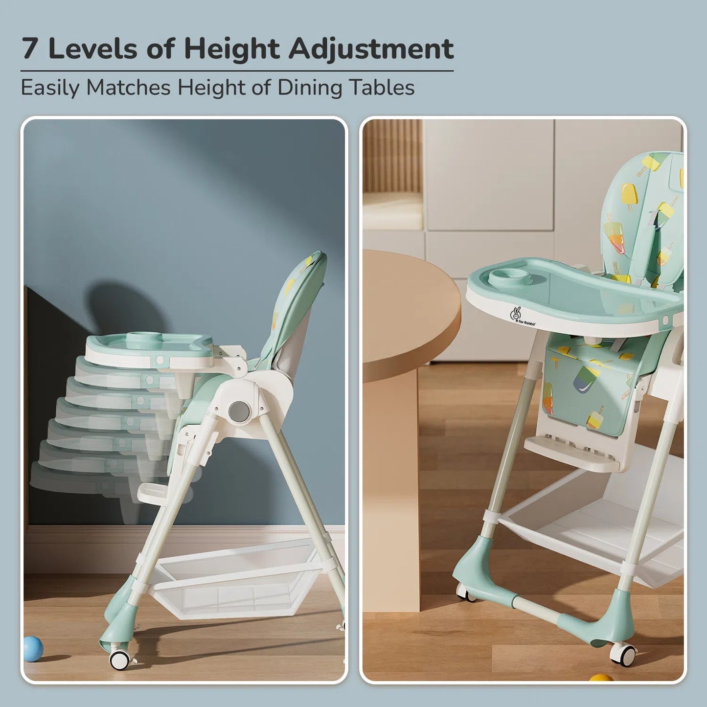 High chair with removable double meal tray for easy feeding.