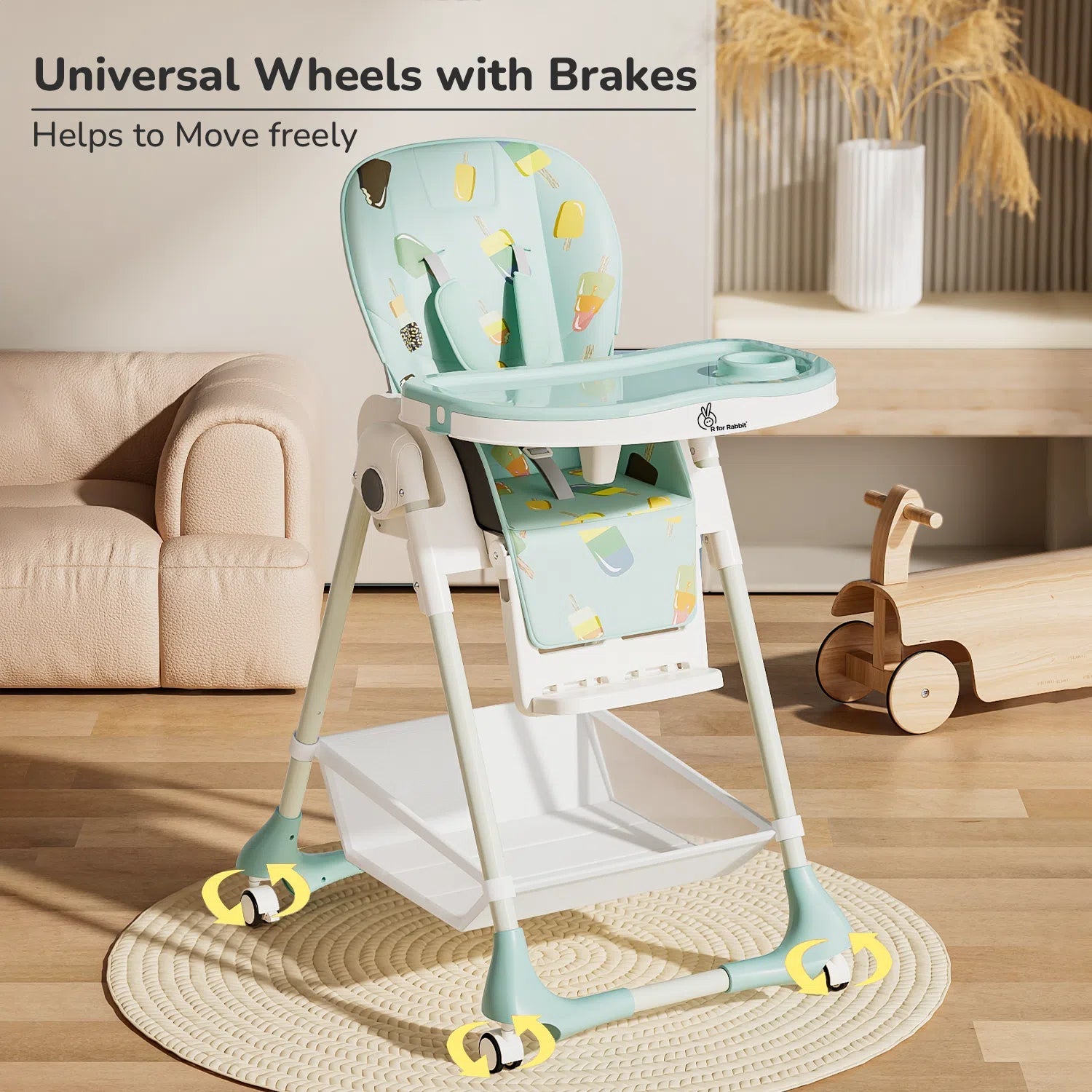 Comfortable high chair for baby feeding with adjustable features.
