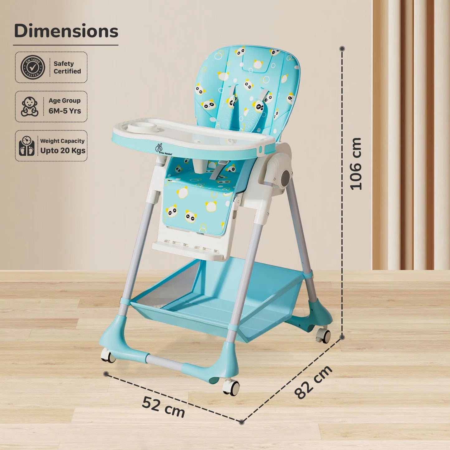 Portable Marshmallow High Chair with wheels for easy movement.