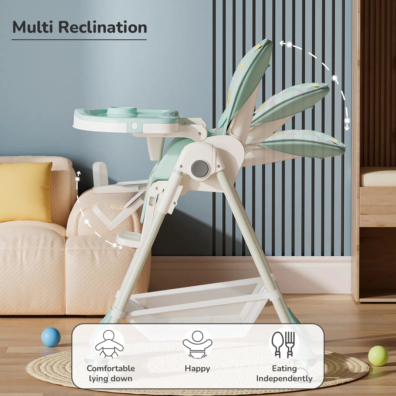 High chair with secure safety harness for infants and toddlers.