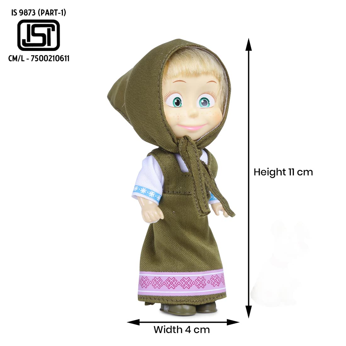 Collectible Masha doll wearing traditional olive-green outfit and headscarf