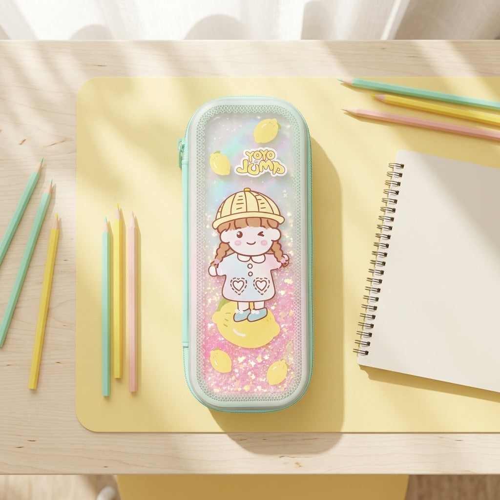 Transparent front glitter pencil case with lemon and star confetti – cute stationery gift for girls