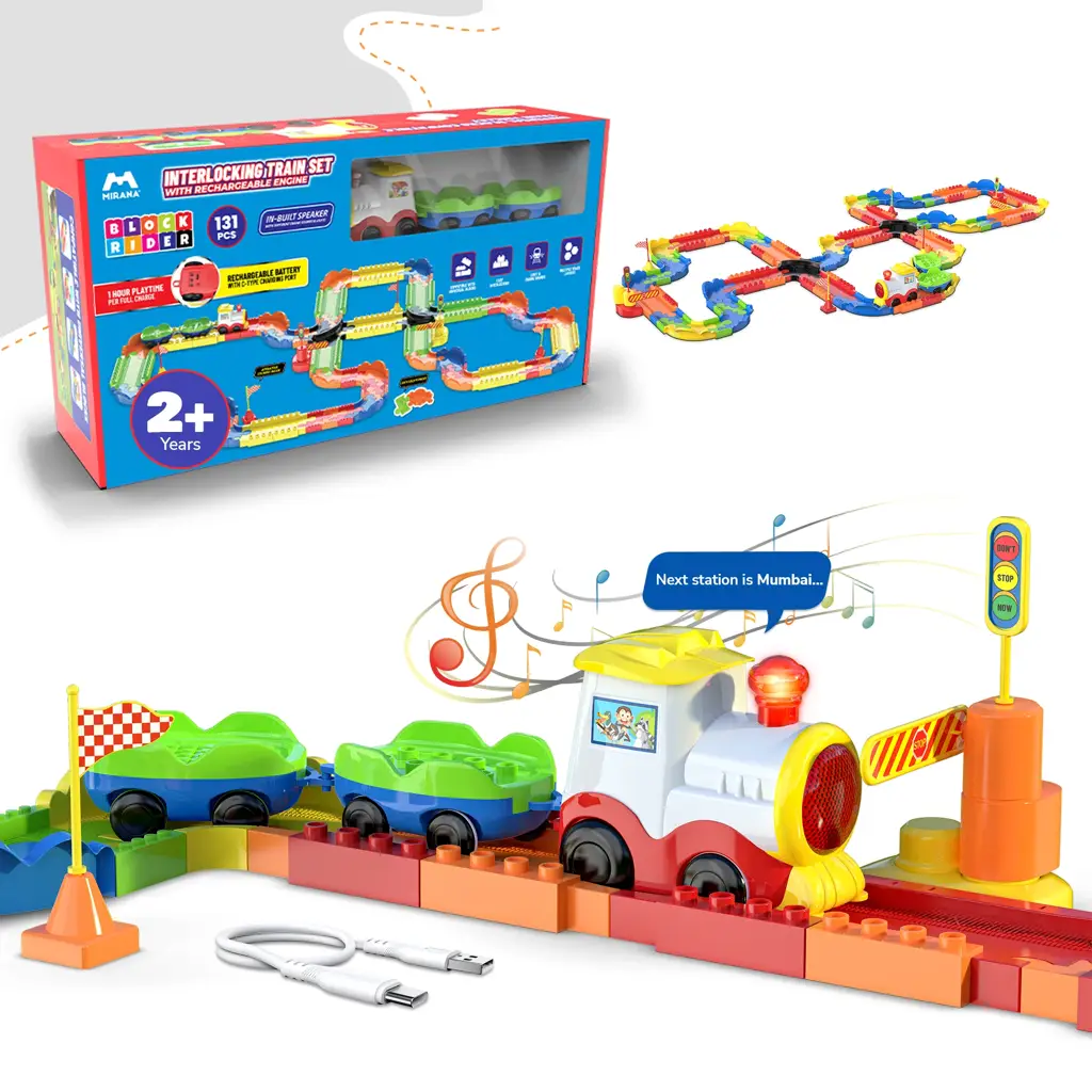 MIRANA Block Train Set Toy 131 pieces with rechargeable engine, lights, and music for kids 2+ years.