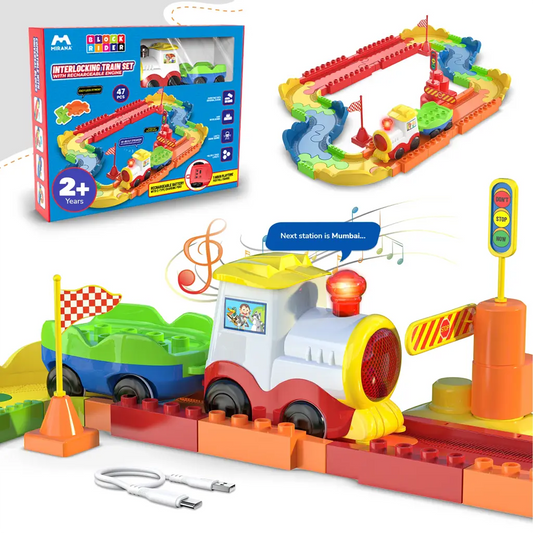 MIRANA Block Train Set Toy 47 pieces with rechargeable engine, lights, and music for kids 2+ years.